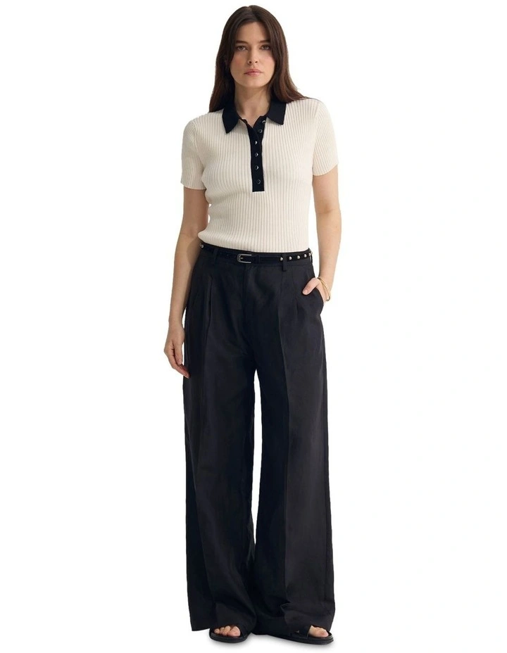 Monique Rib Polo Knit Top in Ecru/Black image 1