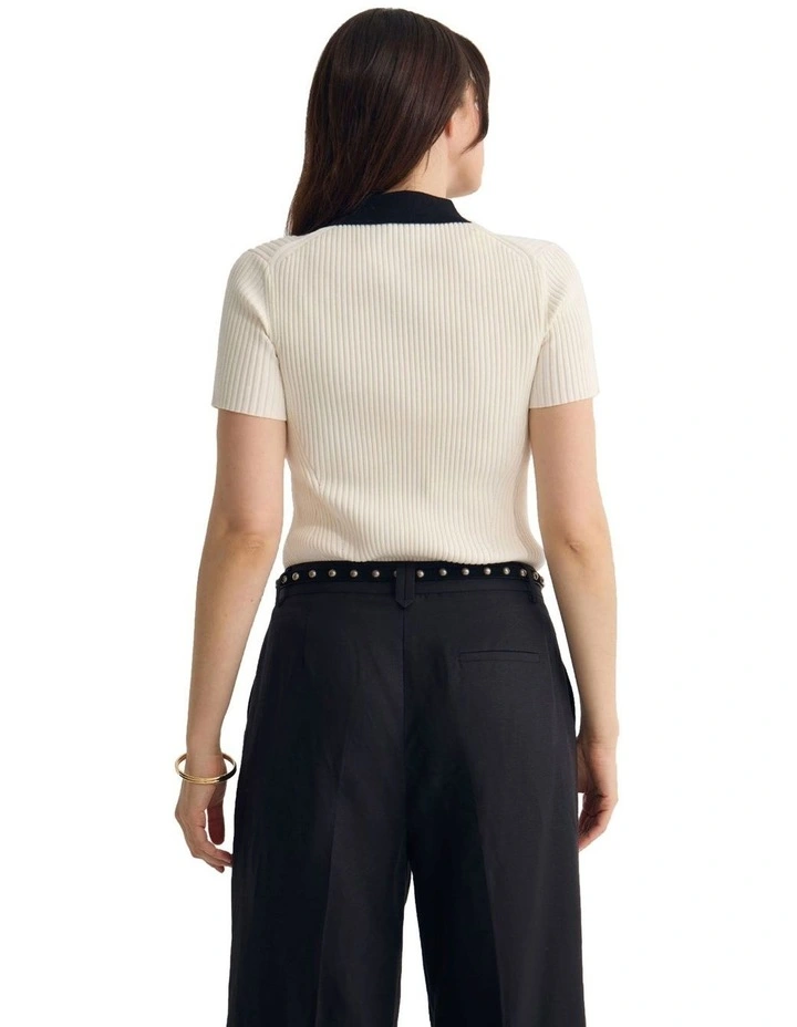 Monique Rib Polo Knit Top in Ecru/Black image 2