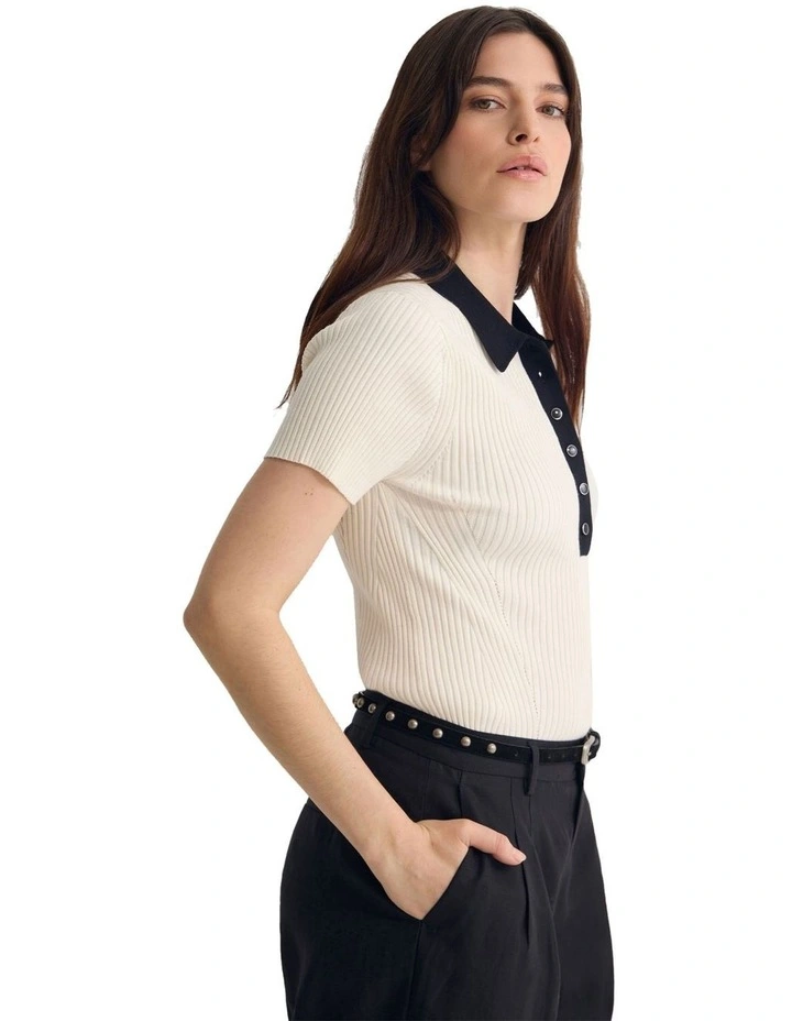 Monique Rib Polo Knit Top in Ecru/Black image 3