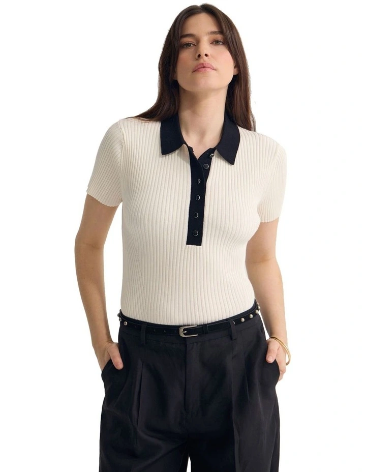 Monique Rib Polo Knit Top in Ecru/Black image 4