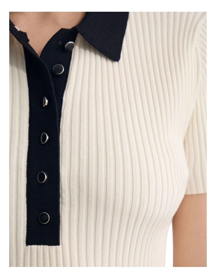 Monique Rib Polo Knit Top in Ecru/Black image 5