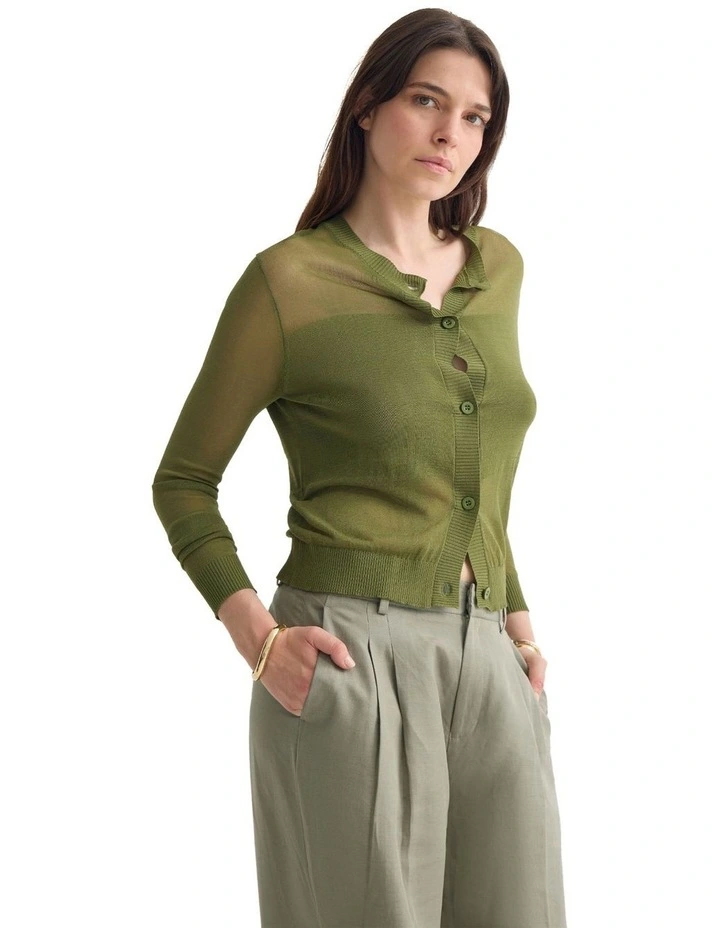 Celina Sheer Panel Cardigan in Olive image 3