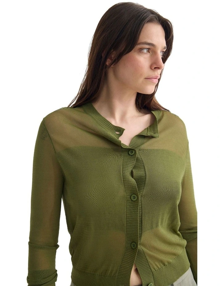 Celina Sheer Panel Cardigan in Olive image 4