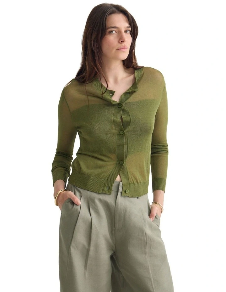 Celina Sheer Panel Cardigan in Olive image 5
