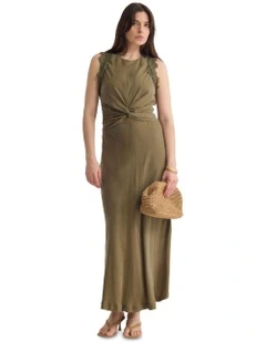 Camilla Cupro Lace Trim Dress in Khaki