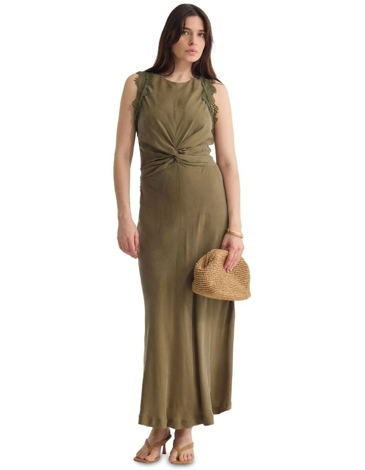 Camilla Cupro Lace Trim Dress in Khaki image 1