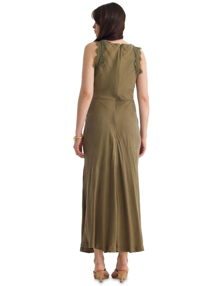 Camilla Cupro Lace Trim Dress in Khaki image 2
