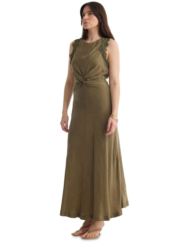 Camilla Cupro Lace Trim Dress in Khaki image 3