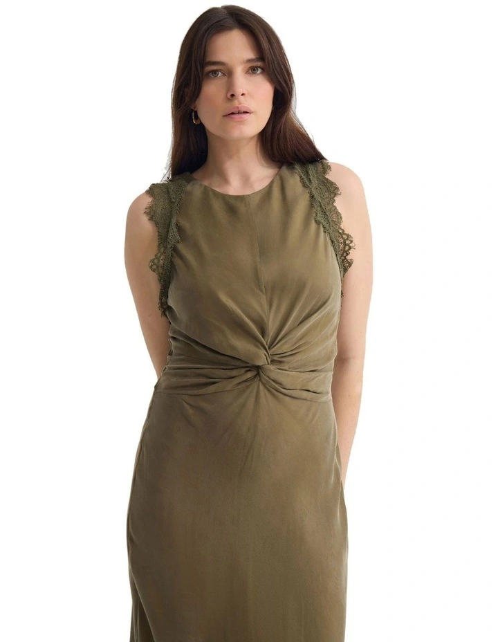 Camilla Cupro Lace Trim Dress in Khaki image 4