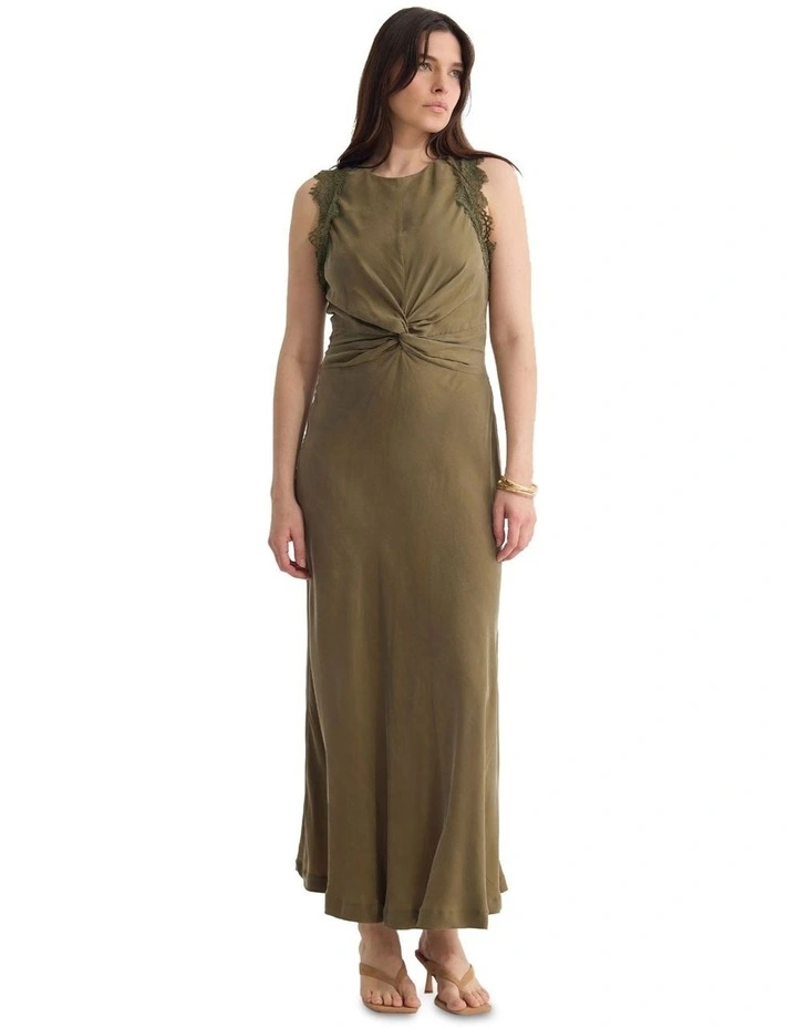 Camilla Cupro Lace Trim Dress in Khaki image 5