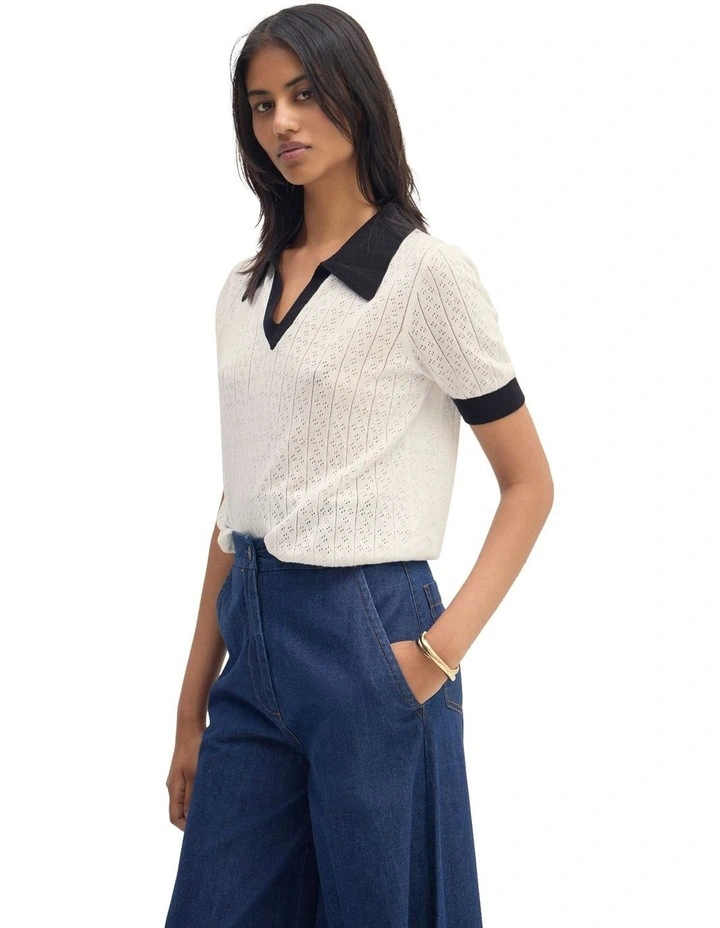 Aimee Pointelle Polo in Ecru image 3