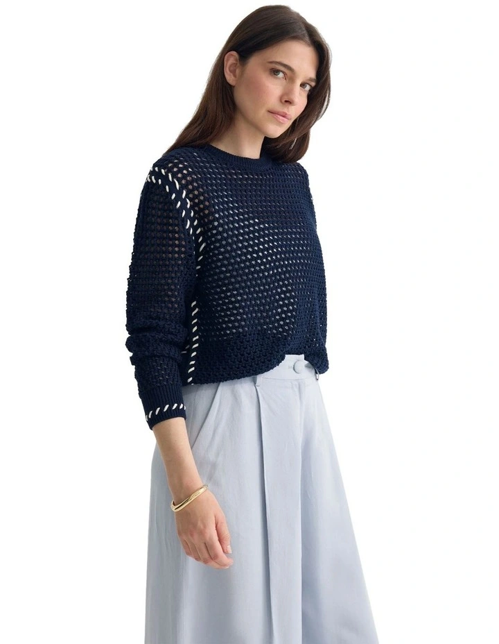 Gaby Cotton Crew Neck Knitted Jumper in Navy image 3