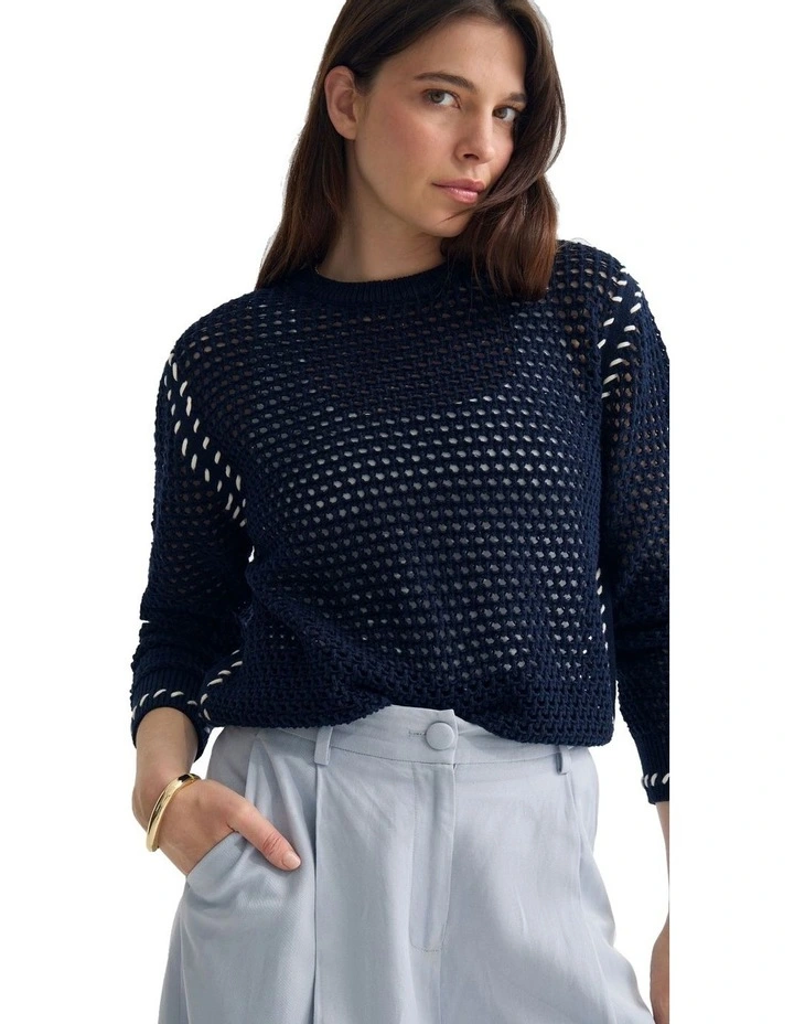 Gaby Cotton Crew Neck Knitted Jumper in Navy image 4