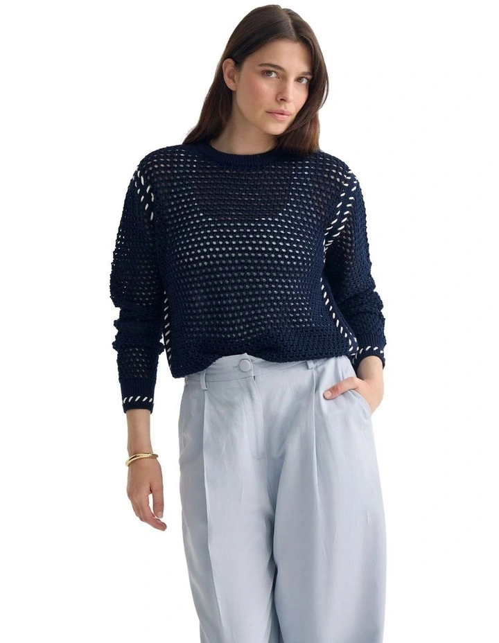Gaby Cotton Crew Neck Knitted Jumper in Navy image 5