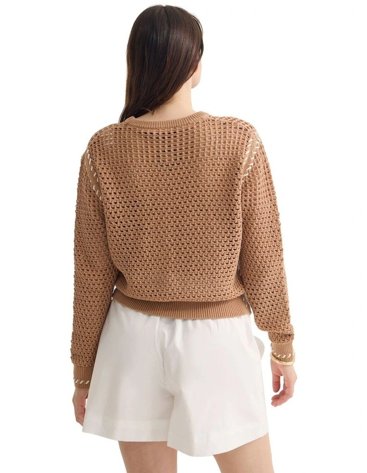 Gaby Cotton Crew Neck Knitted Jumper in Sand image 2