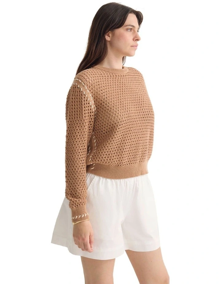 Gaby Cotton Crew Neck Knitted Jumper in Sand image 3