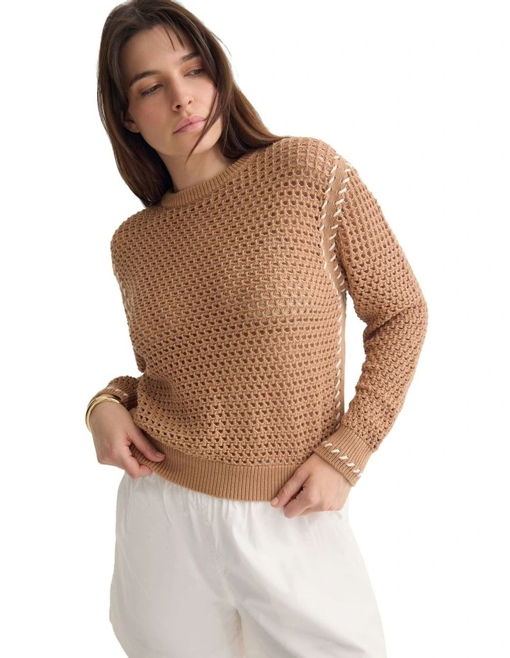 Gaby Cotton Crew Neck Knitted Jumper in Sand image 4