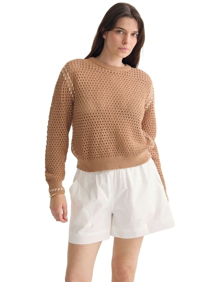 Gaby Cotton Crew Neck Knitted Jumper in Sand image 5