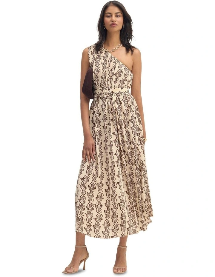 Samia One Shoulder Printed Dress in Ecru/Chocolate image 1