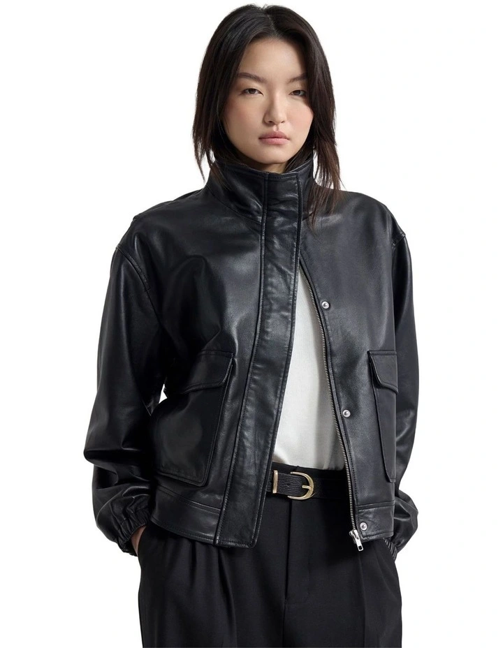 Rosie Leather Bomber Jacket in Black image 1