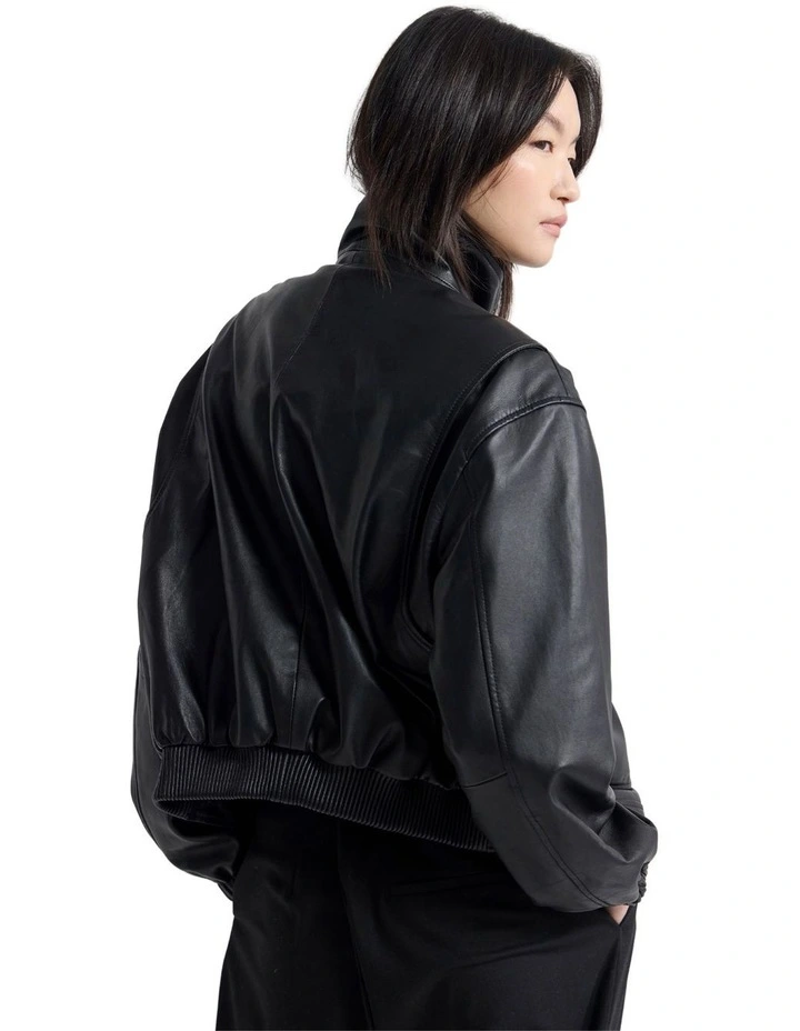 Rosie Leather Bomber Jacket in Black image 2