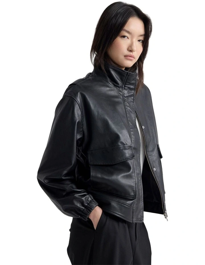 Rosie Leather Bomber Jacket in Black image 3