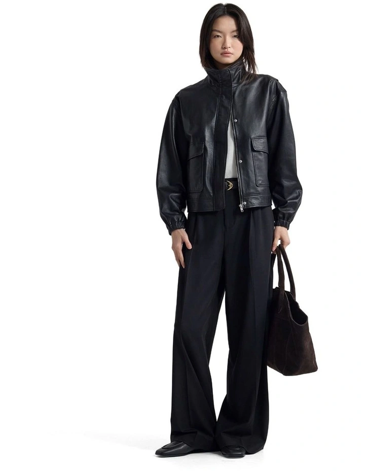Rosie Leather Bomber Jacket in Black image 5