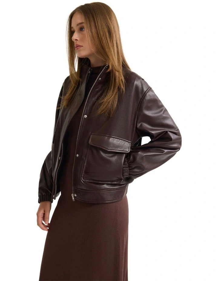 Rosie Leather Bomber Jacket in Burgandy image 3