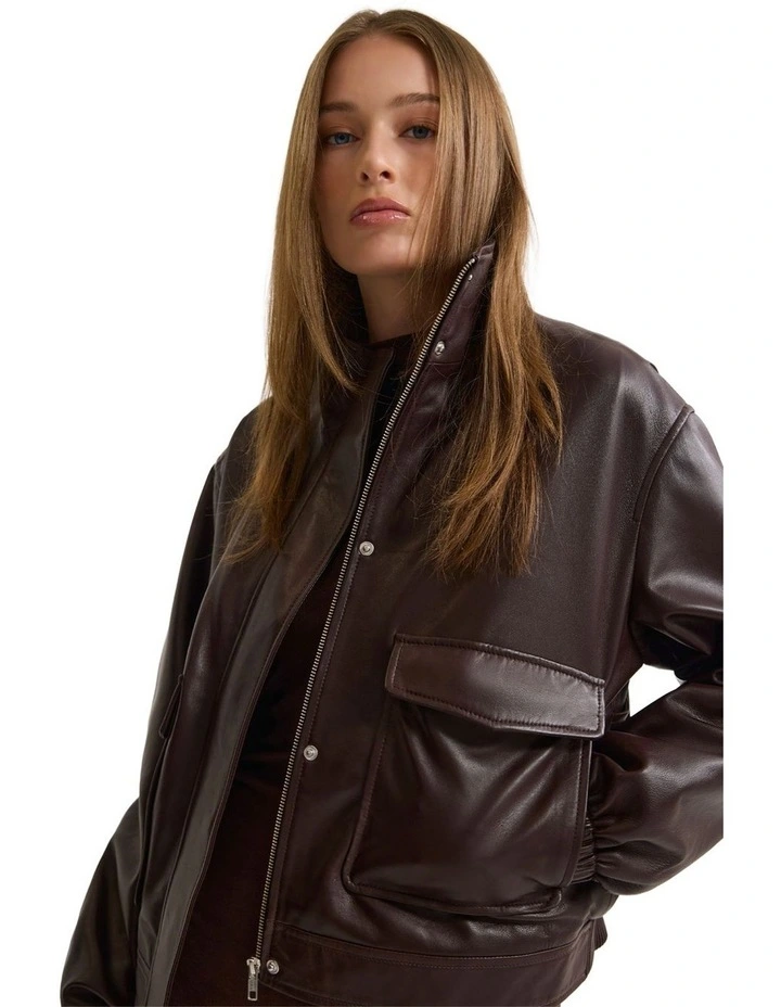 Rosie Leather Bomber Jacket in Burgandy image 4