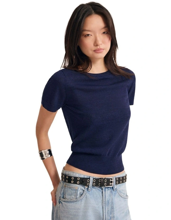 Grace Short Sleeve Merino Knit Top in Navy image 1