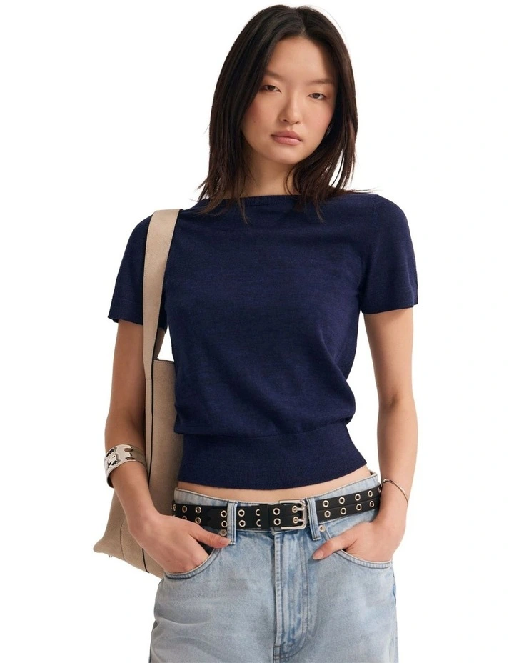 Grace Short Sleeve Merino Knit Top in Navy image 6