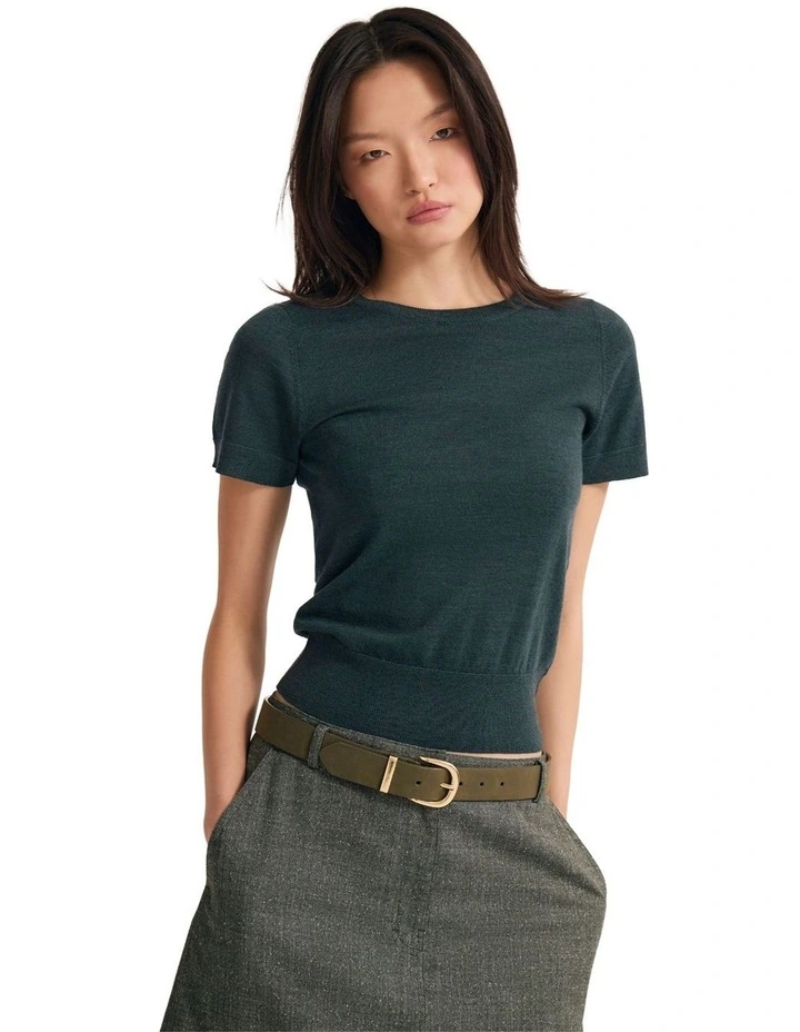 Grace Short Sleeve Merino Knit Jumper in Forest image 1