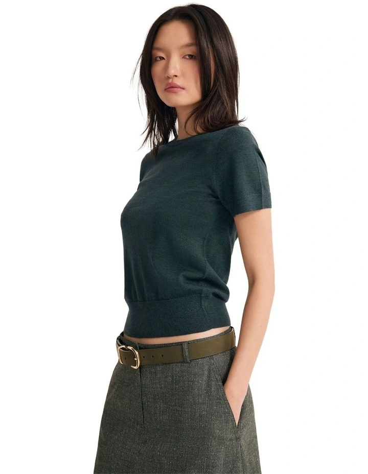 Grace Short Sleeve Merino Knit Jumper in Forest image 3