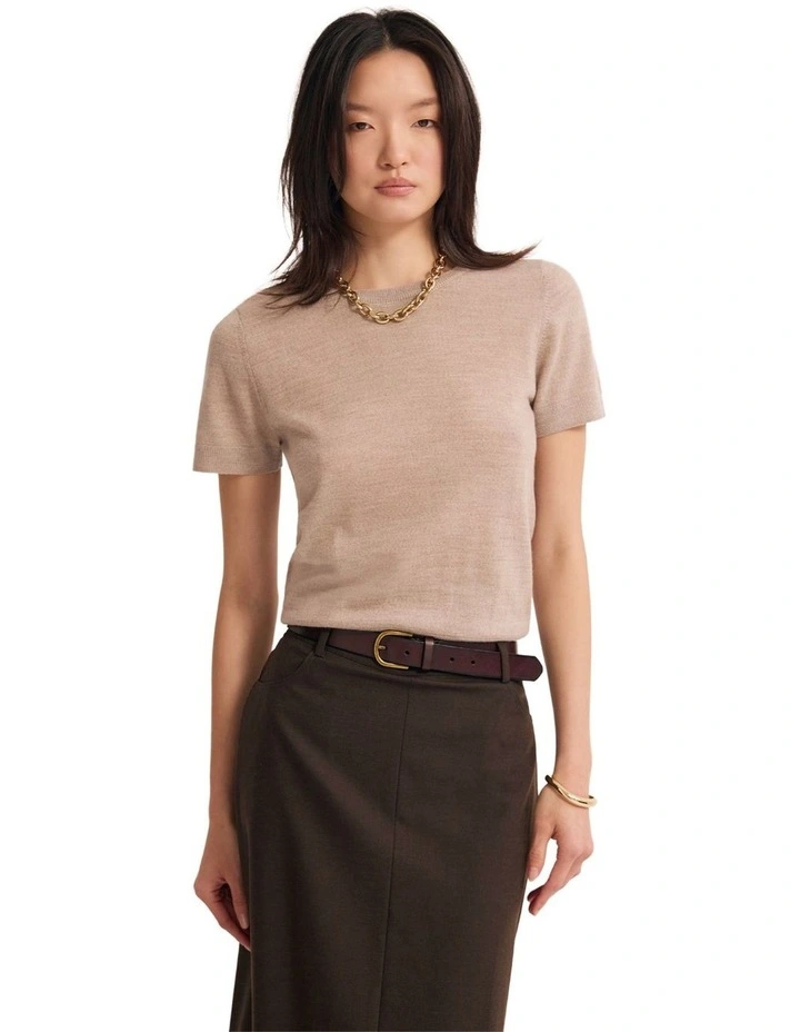 Grace Short Sleeve Merino Knit Jumper in Oatmeal image 1
