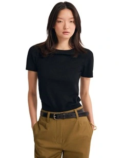 Grace Short Sleeve Merino Knit Top in Black