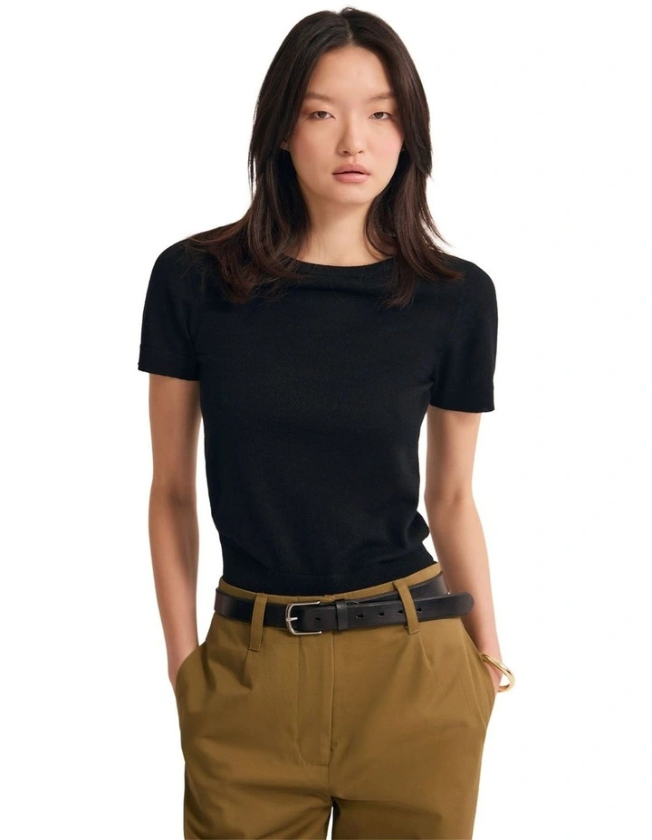 Grace Short Sleeve Merino Knit Top in Black image 1