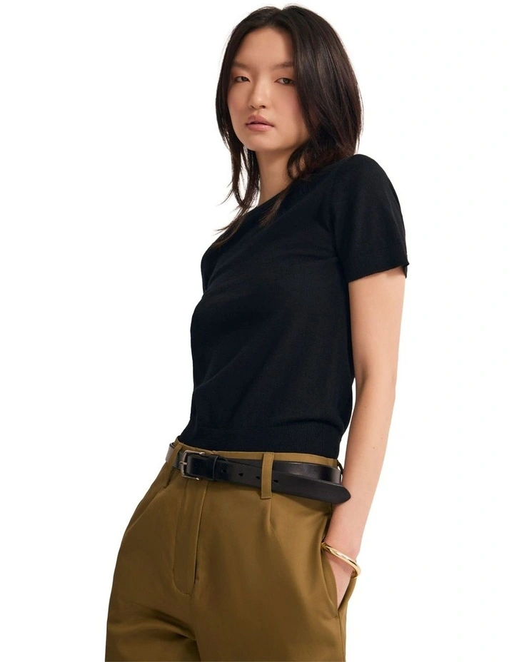 Grace Short Sleeve Merino Knit Top in Black image 3