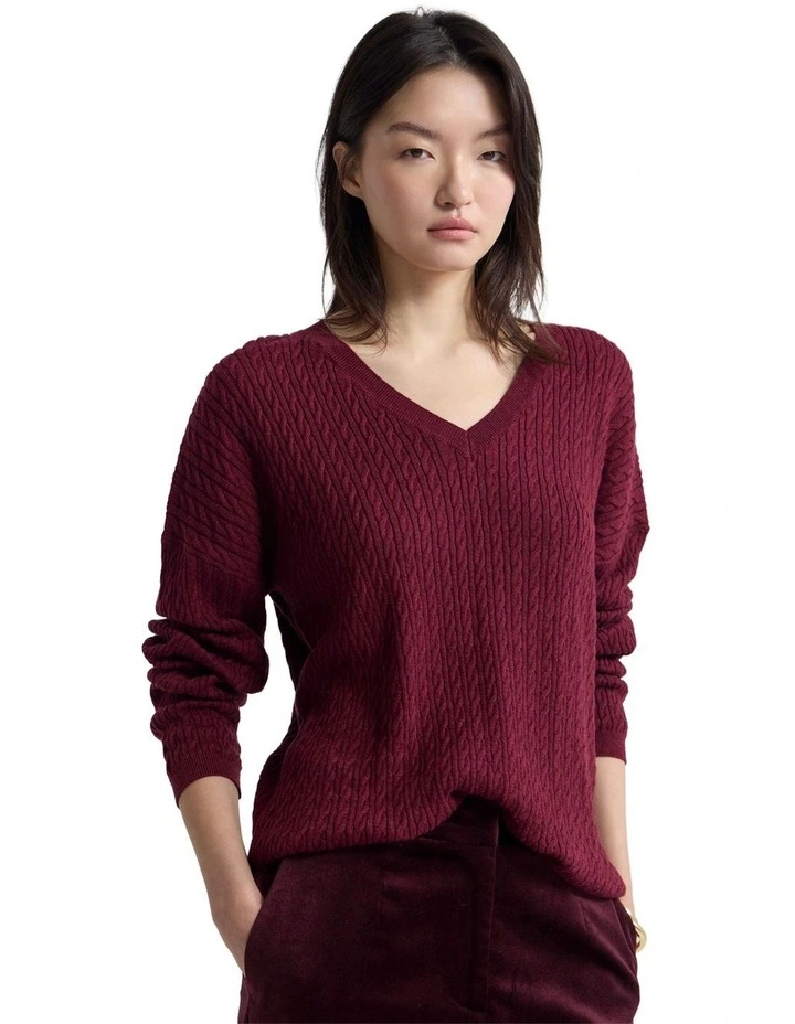 Drew Cable V-Neck Knit in Plum image 1