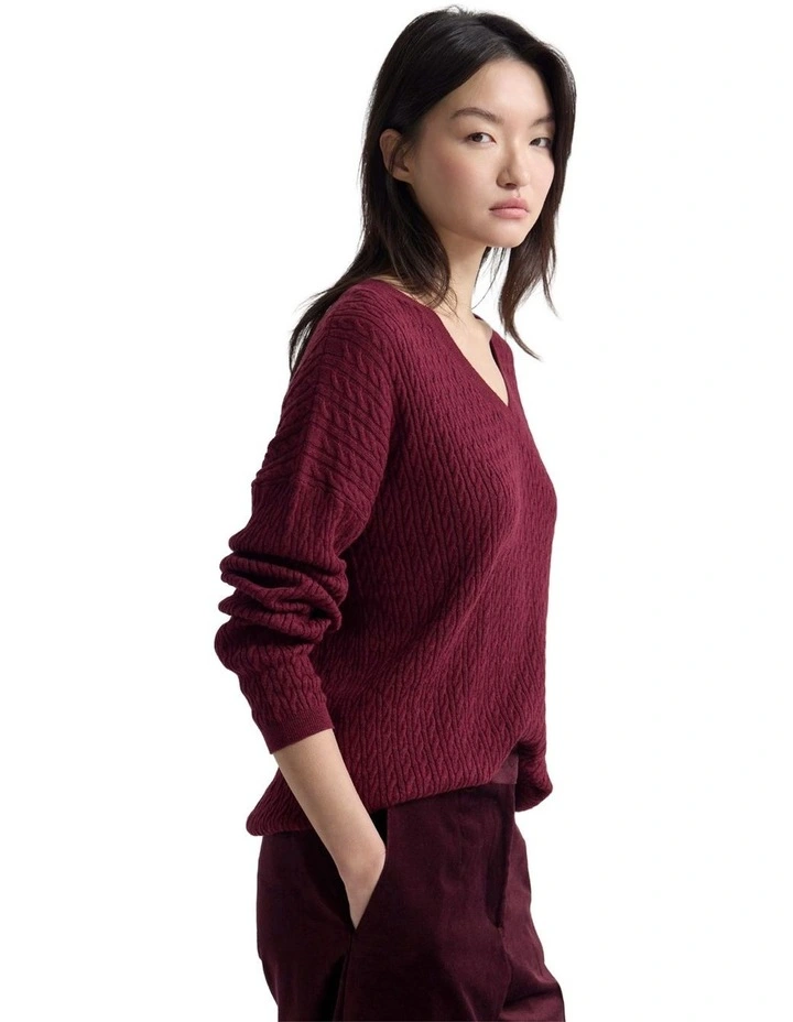Drew Cable V-Neck Knit in Plum image 3