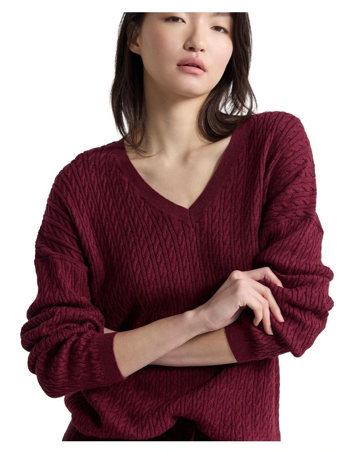 Drew Cable V-Neck Knit in Plum image 4