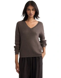 Drew Cable V-Neck Knit Jumper in Nutshell