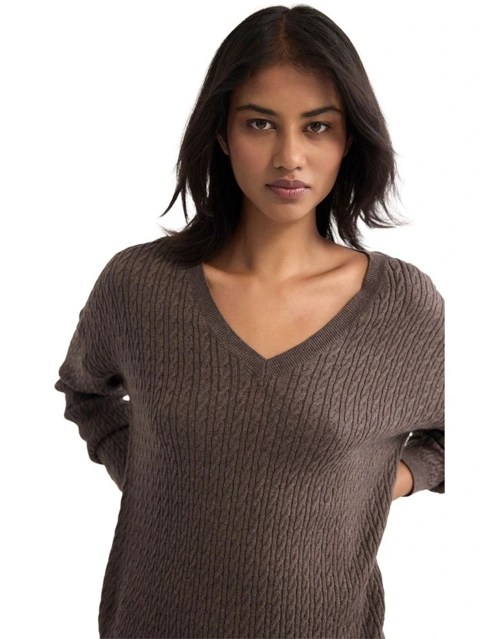 Drew Cable V-Neck Knit Jumper in Nutshell image 4