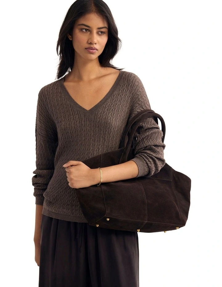 Drew Cable V-Neck Knit Jumper in Nutshell image 7