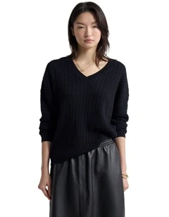 Drew Cable V-Neck Knit Jumper in Black