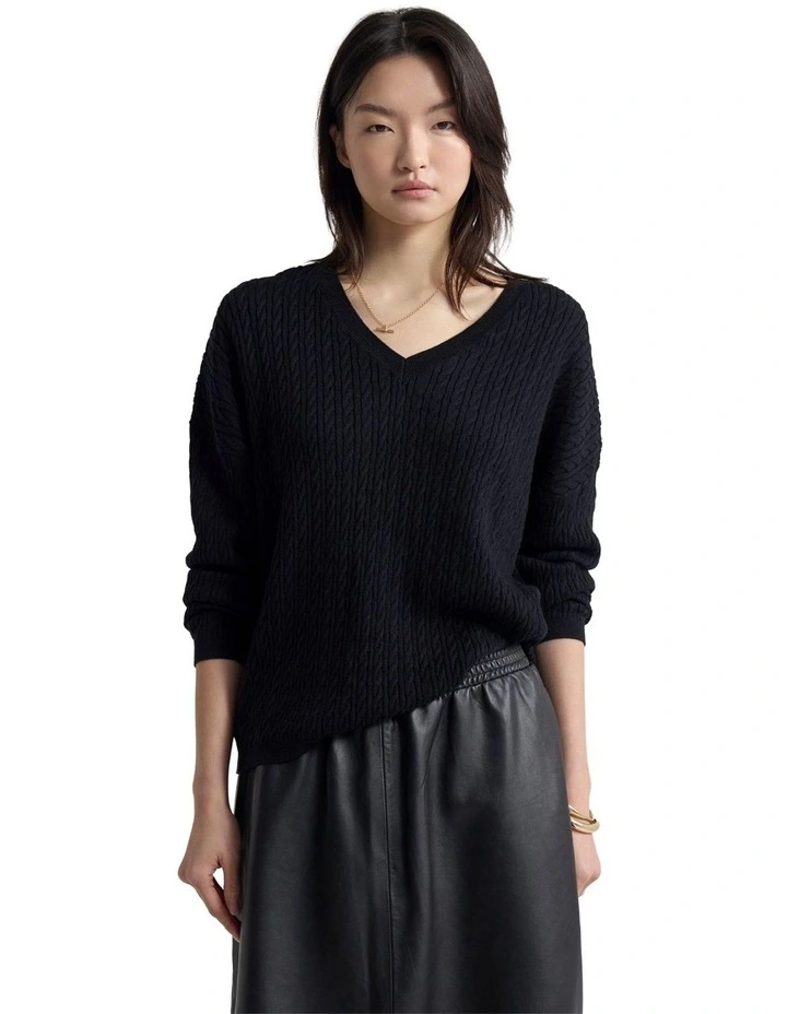 Drew Cable V-Neck Knit Jumper in Black image 1