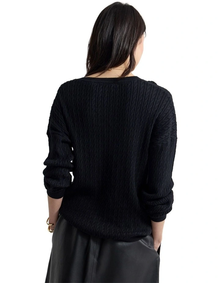 Drew Cable V-Neck Knit Jumper in Black image 2
