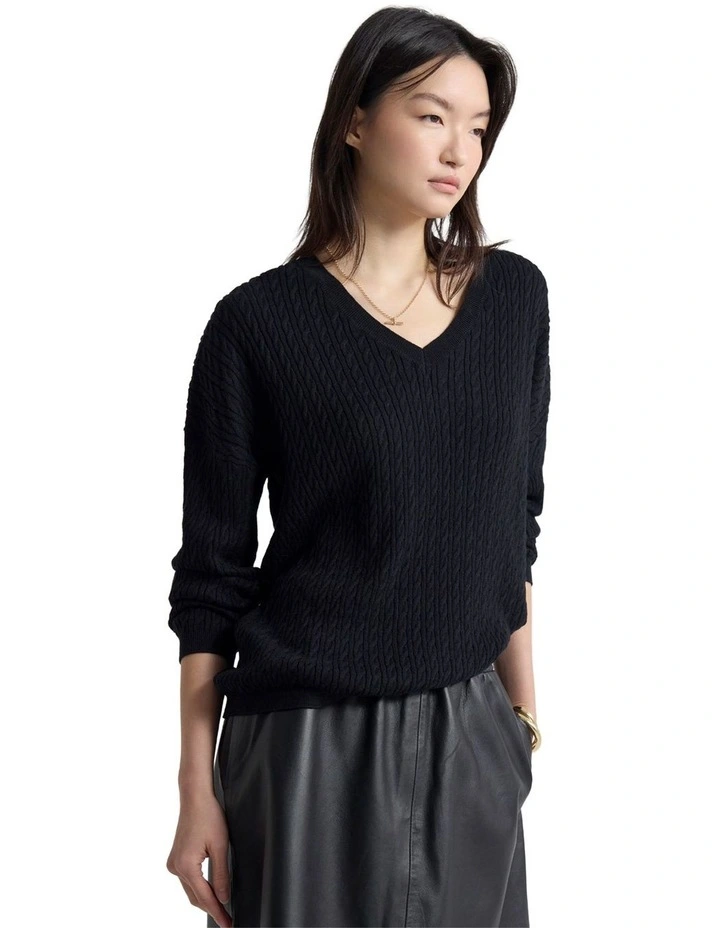 Drew Cable V-Neck Knit Jumper in Black image 3