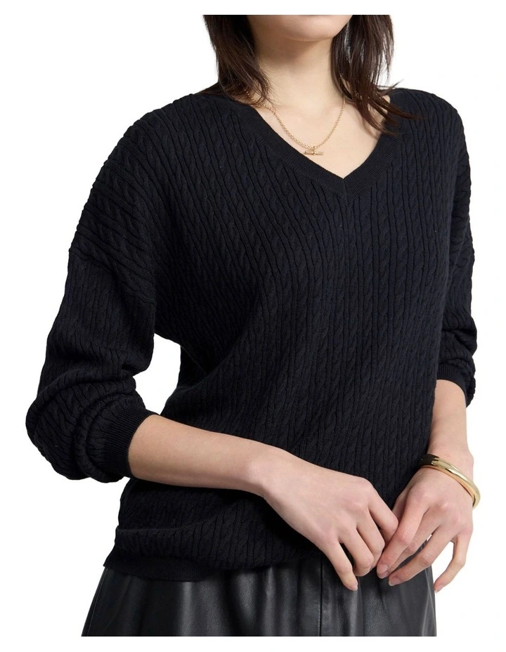 Drew Cable V-Neck Knit Jumper in Black image 4
