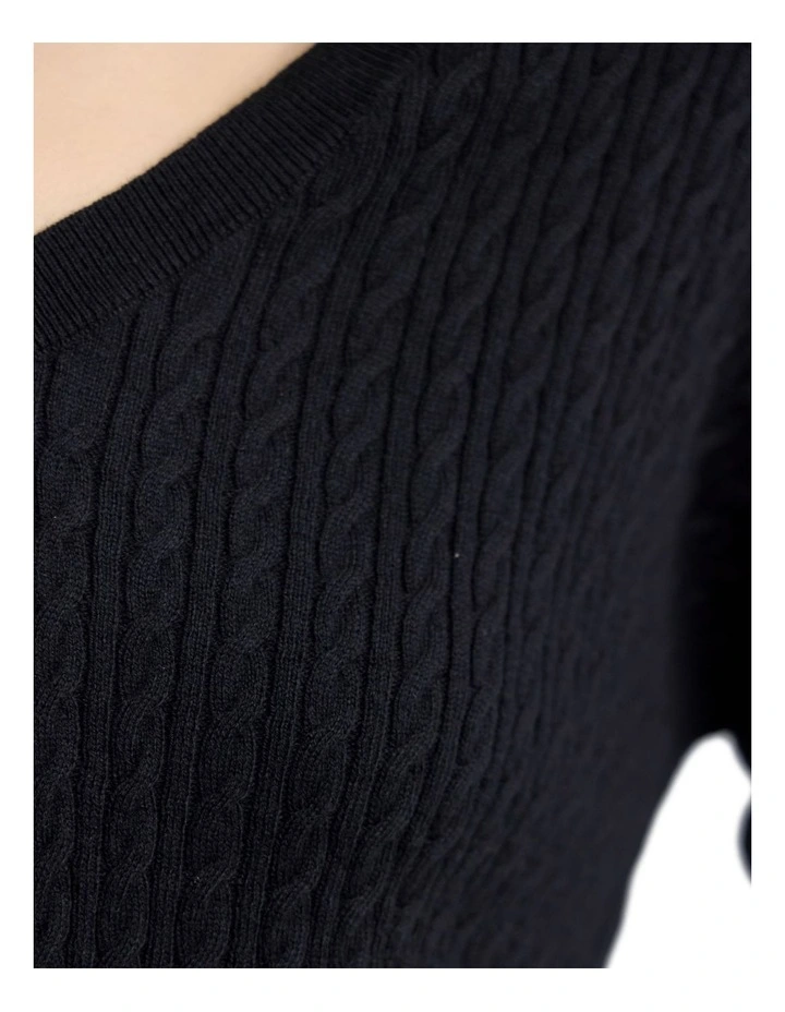 Drew Cable V-Neck Knit Jumper in Black image 6