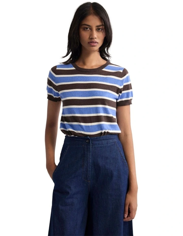 Grace Striped Knit Top in Chocolate/Ivory/Blue image 1